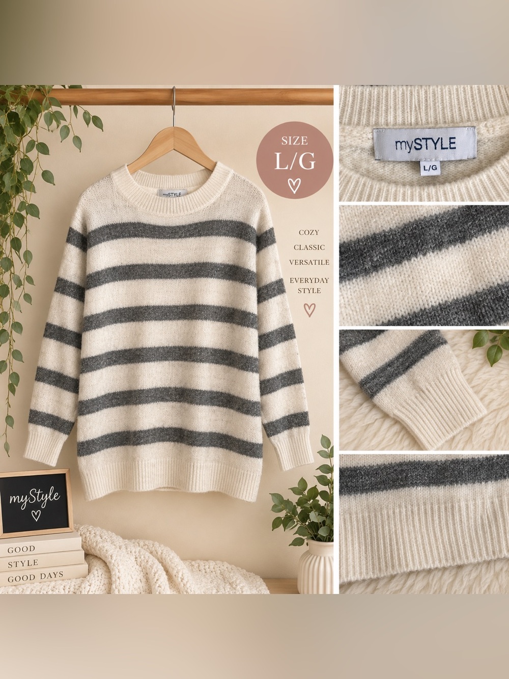 mySTYLE Cream & Gray Striped Crewneck Sweater - L/G